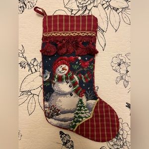 Vintage Christmas Snowman with Bird Friends Handmade Needlepoint Stocking New